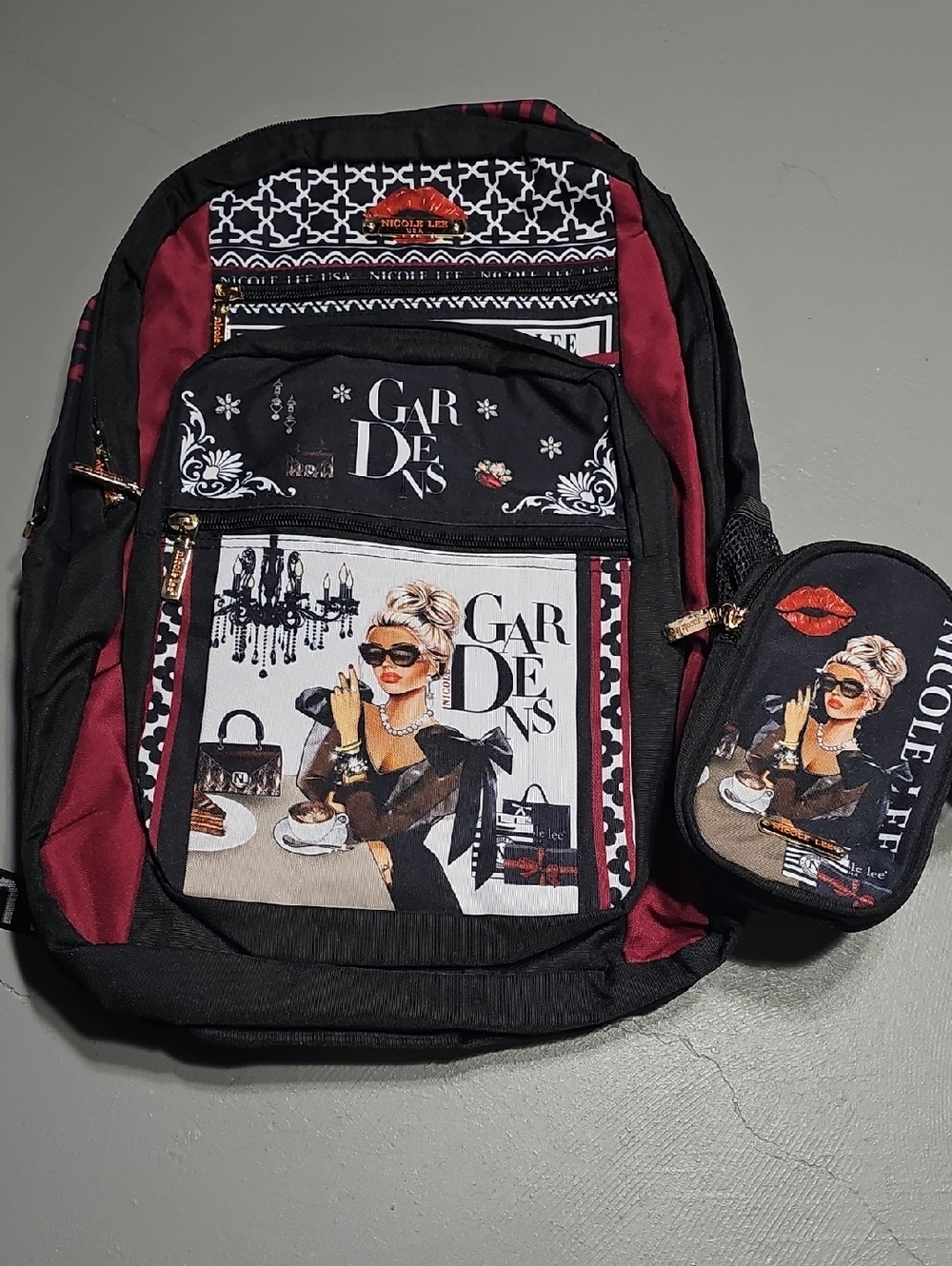 Nicole Lee U.S.A Nylon Fashion Backpack Removable Phone Zip Pouch Travel Bag NWT